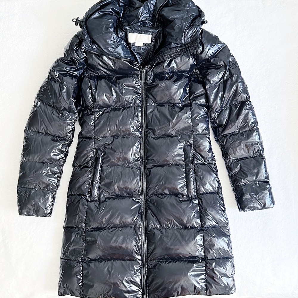 Michael Kors High Shine Down Midi Hooded Puffer Coat Black XS